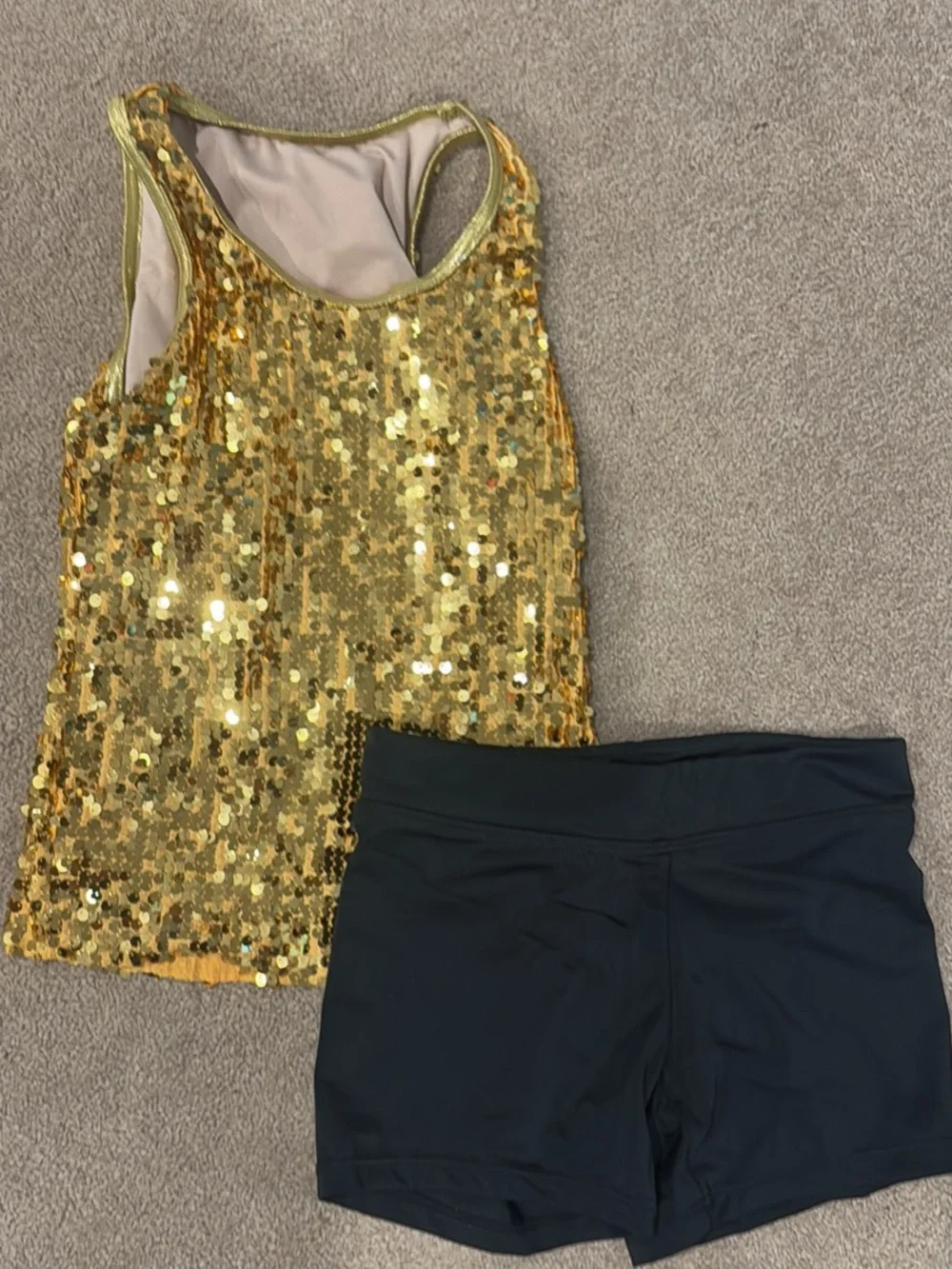 Weissman Gold Sequin Dance Tank with Black Dance Shorts
